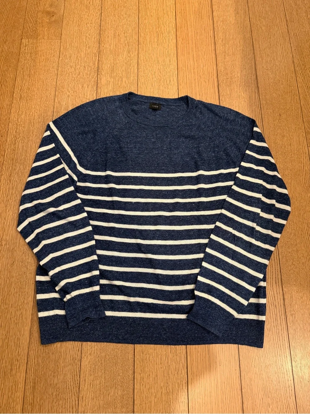 J. Crew Men's Navy and White Striped Linen/Cotton Crewneck Sweater XL